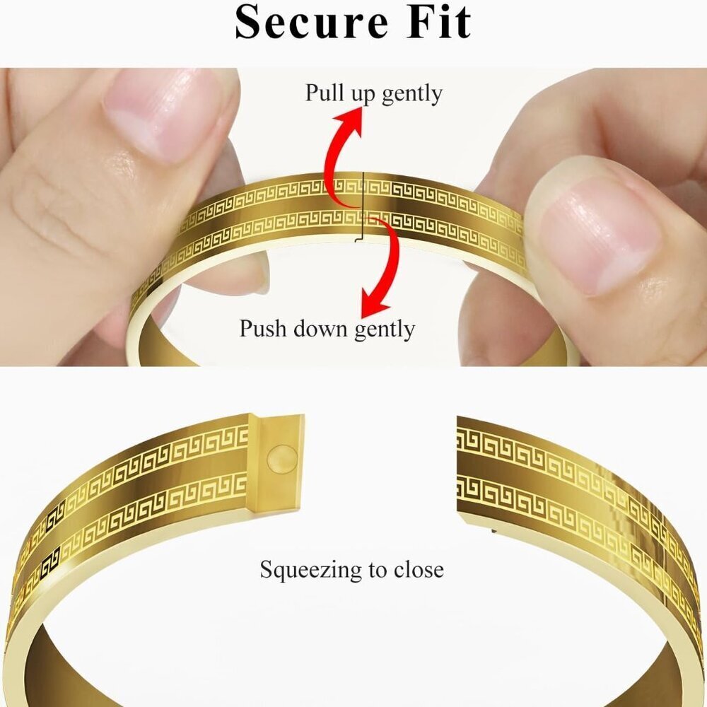 Gold Bangle Bracelet Women Stainless Steel 7.1in Greek Key Gift Holiday - Picture 7 of 8